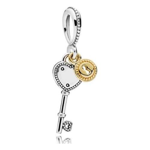 Genuine 925 Sterling Silver Bead Gold Color Key To My Love Heart Pendant Beads Fit Pan Bracelet & Necklace Diy Jewelry