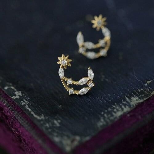 Simple Small Earring Female Minimalist White Crystal Moon Earrings Real 925 Sterling Silver Gold Wedding Stud Earrings For Women