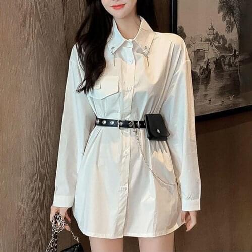Spring Summer Shirt Dress Woman Long Sleeve Urbano Kpop Clothes Korean Fashion Mini Dresses With Belt Bag Ete 2021 Chemise Femme