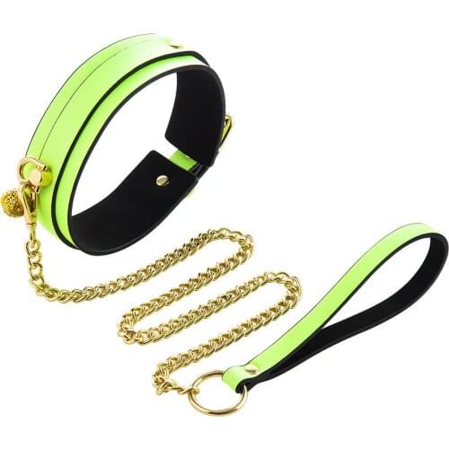 PU Leather Luminous Dog Neck Collar Restraint Strap With Chains Leash BDSM Slave Bondage Fetish Roleplay Erotic Adult Game Club
