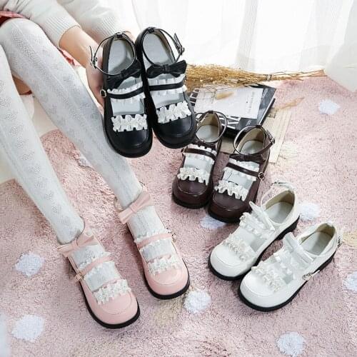 Japanese lolita sweet princess thick bottom womens shoes cute bow round head doll shoes flat bottom soft sister leather shoes