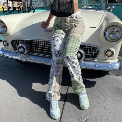 LORDLDS Womens Patchwork Ripped Denim Jeans Grunge Aesthetic Low Rise Pants Stripe Plaid Trousers for Woman