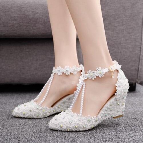 Crystal Queen String Bead Lace Wedges Platform Party Wedding Shoes Women Rhinestone Flower High Heels Ladies Ankle Strap Sandals