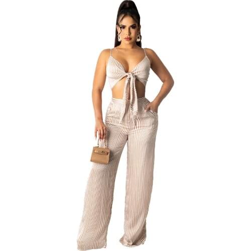 2021 Best Quality Famous Brand 2 pcs Women Set Striped Spaghetti Strap Short Tops Long Pants Summer Casual Outfits