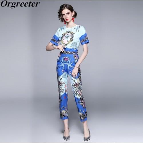 2021 Summer Fashion Starfish coral Blue Print Suit Womens Short Sleeve Cropped Tops and Slim Ankle-length Pants 2 Pieces Sets