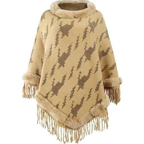 Womens Sweater 2021 Autumn Winter Shawl Cloak Sweater Fur Collar Tassel Coat Female Elegant Knitted Capes Pullover Oversized