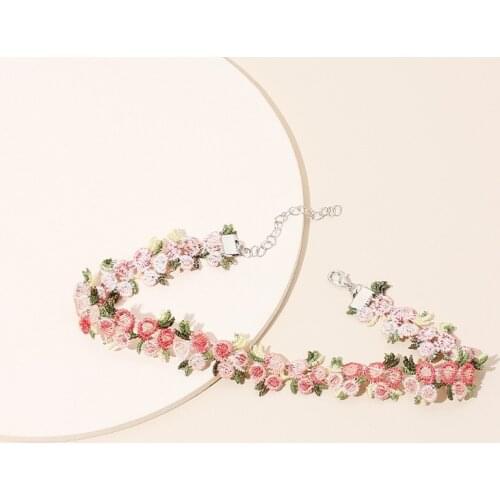 Boho Embroidery Colorful Flower Cloth Fabric Art Silver Plated Alloy Choker Necklace for Women Romantic Lace Collars Jewelry