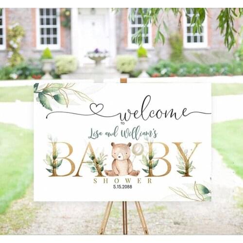 Baby Shower Welcome Sign, Customized Welcome Sign,Greenery Gold,Teddy Bear Baby Shower Welcome Yard,Sign Gender Neutral Template