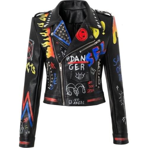 2XL 3XL 2021 New Motorcycle Leather Jacket Women Graffiti Printing Short Jacket Ladies Slim Rivet PU Large Size Coat y939