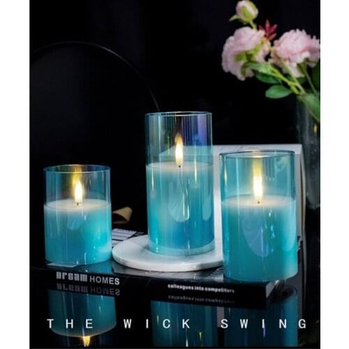 3D wick Battery operated Flickering Flame Pillar plexiglass Candle Paraffin Wax LED Glass Candle Set Home Bar Wedding Decoration