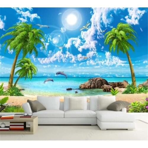 Beibehang Custom wallpaper HD beautiful dream sea view coconut tree beach landscape painting TV background wall papel de parede