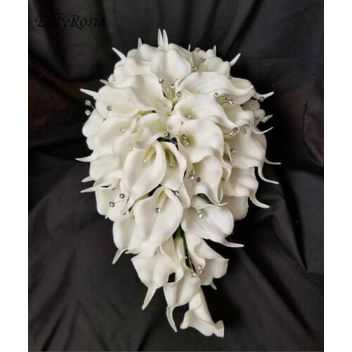 EillyRosia White Cascading Bridal Bouquet Wedding Flowers Cala Lily Tropical Tear Drop Bride Bouquet with Rhinestones Real Touch