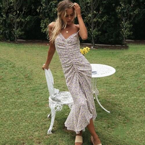 Foridol Sleeveless Floral Boho Dress Summer Long Dress Casual V Neck Beach Maxi Dress Women Rushed Front Vintage Holiday Dress