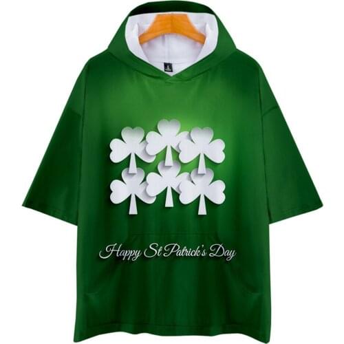 Irish green 3d hooded T-shirt mens and ladies hip-hop Saint Patricks Day print Kpop streetwear fashion trend short-sleeved top