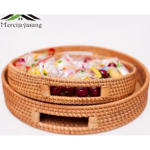 Fruit Basket Handmade Rattan Bamboo Woven Storage Basket Living Room Desktop Round Storage Basket Refreshment Box LPZ026