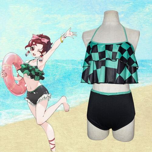 Tanjiro Grid Pattern Halter Neck Top and High Waist Cosplay Costume Two Piece Anime Swimsuit Swimwear Bathing Suit