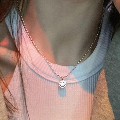 VSnow Minimalist Metallic Circle Smile Face Pendant Necklace for Women Textured Silver Color Round Beaded Chain Necklace Jewelry