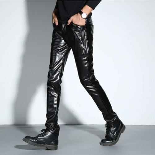 2019 New Arrival Mens Korean Gothic Punk Fashion Faux Leather Pants PU Buckles Hip Hop Black Leather Pencil Trousers Male