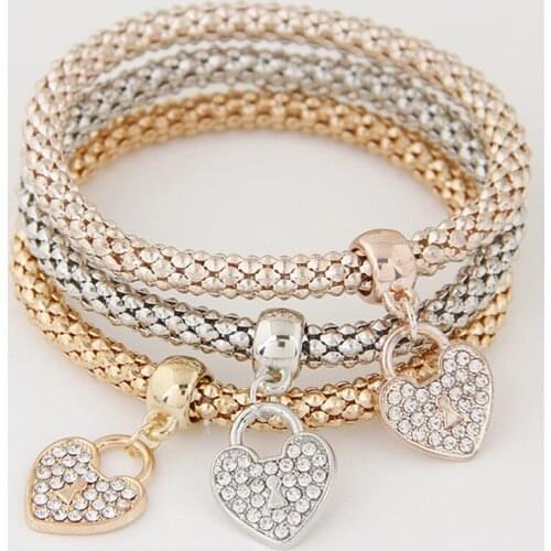 New 2016 Mixed femme Charm Love Heart bracelet metal rhinestone Vintage Fashion multilayer cuff bracelets & bangles for Women