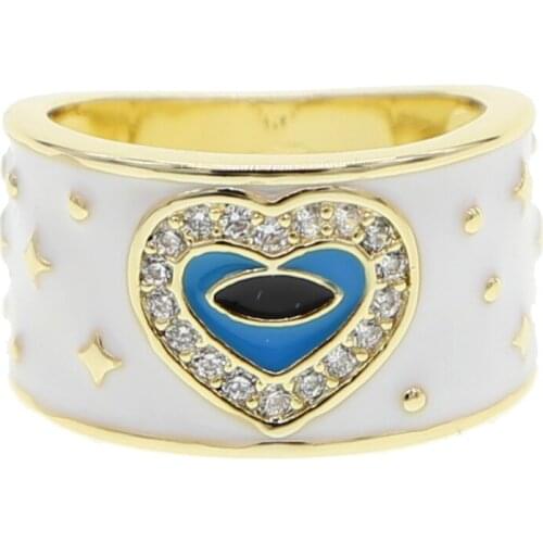 2020 new arrived Heart Shape white Enamel Love Ring micro pave cz band lucky Evil Eyes Bohemian Enamel Wide Ring for Woman Party