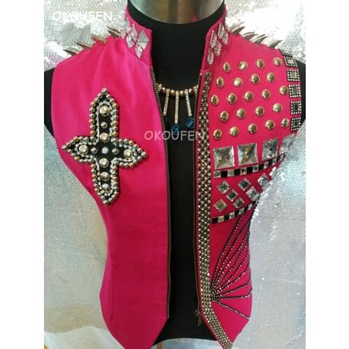 New Nightclub Male Singer DJ Party show Stage Costumes Fashion Rose Rivets Vest Jacket Punk Style Dance wear Performance Coat