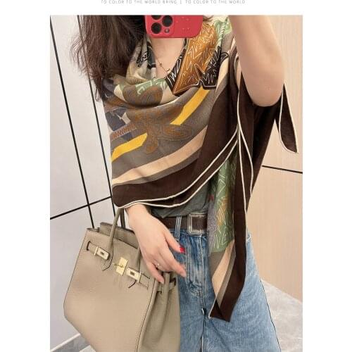 Desert Oasis! Low-key coffee brown autumn winter silk wool big square scarf women office scarf shawl dual-use 135*135
