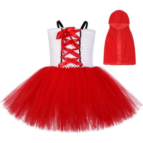 Little Red Riding Hood Girls Tutu Dress with Cloak White Red Tulle Girl Birthday Party Dress Halloween Carnival Costume for Kids