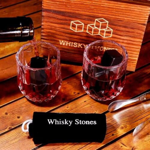 GENNISSY Whiskey Stones Gift Set,9 Granite Whiskey Rocks Reusable Chilling Stones in Wooden Box,Velvet Freezing Bag and Tong