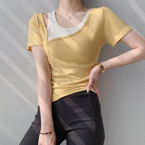 Casual Screw Thread Cotton O-neck T-shirt Women Fashion Hollow Out Fake Two Pieces Summer Tee Shirt Ladies Slim Tops