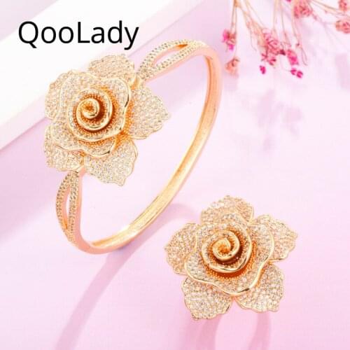 QooLady Gorgeous Micro Pave CZ Yellow Gold Big 3D Geometric Flower Bangles and Rings Bridal Jewelry Set for Wedding Party Z002
