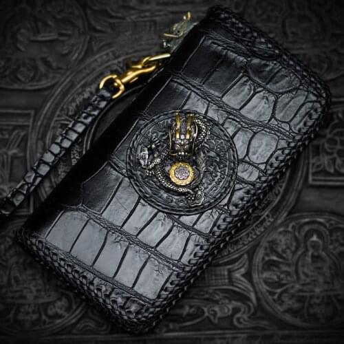 Handmade Black Crocodile Skin Knitting Wallets Purses Men Long Clutch Vegetable Tanned Leather Wallet Card Holder Cartera Homb