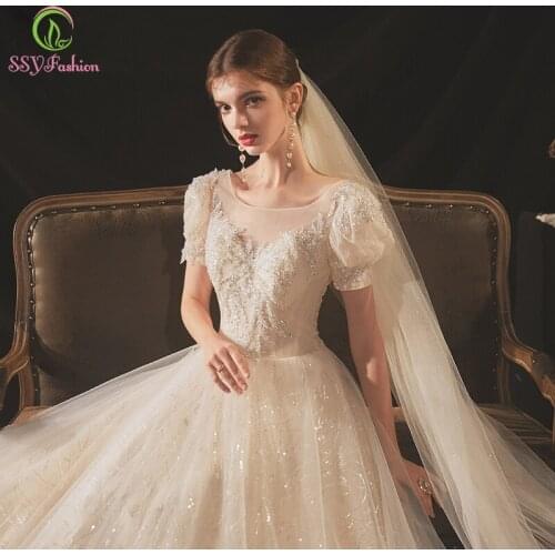 SSYFashion New Bride Married Wedding Dress Ivory Scoop Puff Sleeve A-line Sequins Shining Long Wedding Gowns Vestidos De Novia