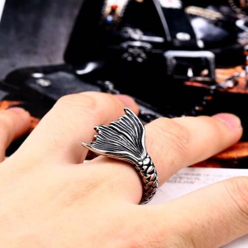 Steel solider drop shipping mermaid tail punk fashion tianium steel women men ring personality jewelry