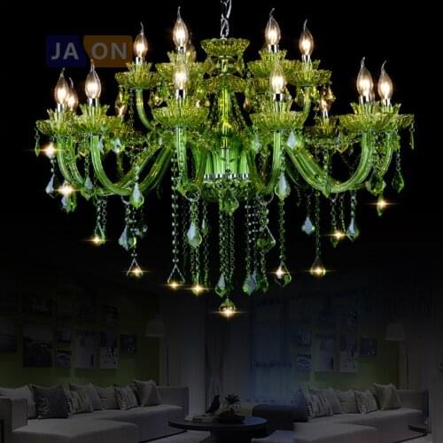 Led e14 European Iron Crystal Glass Green Chandelier Lighting Lustre Suspension Luminaire Lampen For Foyer