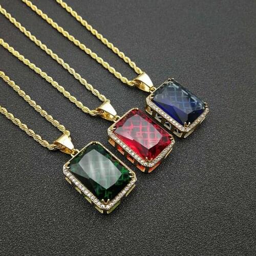 Vintage hiphop 316L stainless steel Jewelry Big Red Green Stone Necklaces Pendants Crystal Gold color Necklace Gift