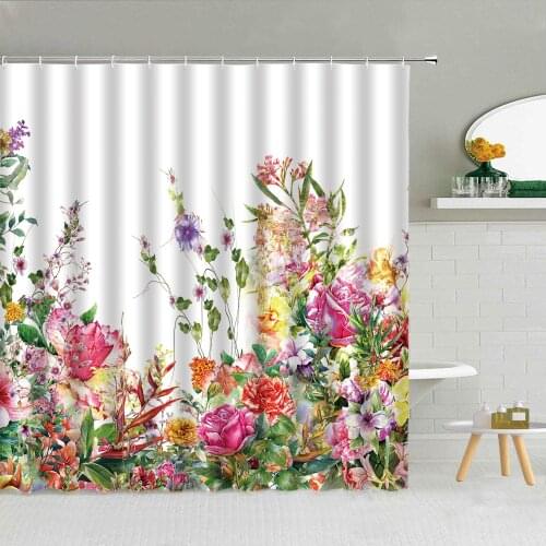 Colorful Watercolor Flowers Shower Curtain Green Leaves Board Floral Butterfly Polyester Fabric Bathroom Hanging Curtains Decor