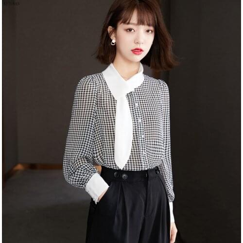 Women Blouses 2021 Spring New Plus Size Long Sleeve Houndstooth Plaid Blouse Shirt Casual Tops Elegant Work Wear Chiffon Shirts