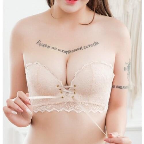 Women Drawstring Push Up Bras Sexy Lace Floral Padded Underwear Intimates Seamless Back Closure Lace Up Bra