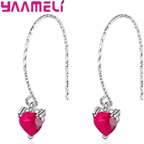 New Japan Style Jewelry Red Heart Cubic Zirconia Long Drop Earring For Women 925 Sterling Silver Color Earring Wholesale