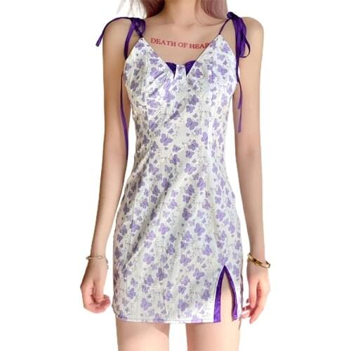 Women’s Sexy Lace-up Suspender Short Dress Fashion Butterfly Printing V-neck Split Tight Dress