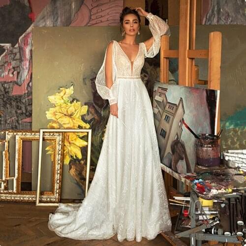 Elegant Bohemian Sequins Lace Wedding Dress 2020 Sexy V Back Split Long Sleeve Boho Wedding Bridal Gowns Robe De Mariee