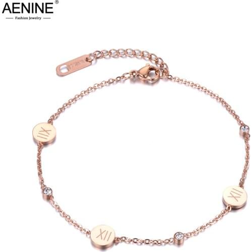 AENINE Trendy Stainless Steel Chain & Link Charm Bracelet Roman Numeral Rose Gold Rhinestones Lovers Engagement Jewelry AB18177