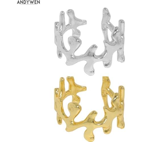 ANDYWEN 925 Sterling Silver Gold Plain Leafs Resizable Geometric Resizable Rings Women Wedding Luxury Jewelry For Women Jewels
