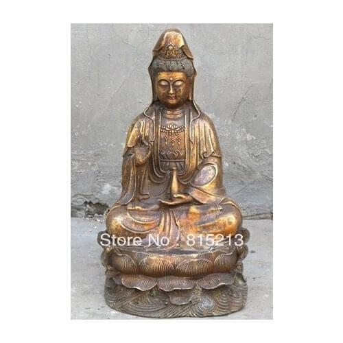 Bi00605 14"Tibet Buddhist Bronze gilded Jade net bottle Avalokitesvara Kwan-yin Statue