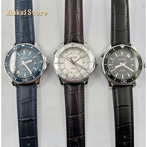 Bliger 41mm sapphire glass ceramics bezel black/white/blue dial GMT date luminous automatic mens top luxury business watch