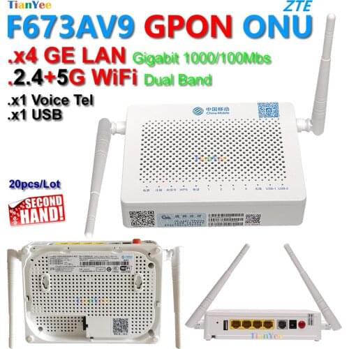 Big Sale 20pcs Lot zte F673a V9 x4GE LAN + Dual Band 2.4+5G WIFI 1Voice +usb GPON ONU FTTH F673av9 English Firmware 5G ONT