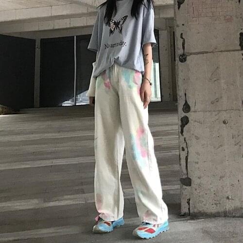 Spring Autumn New Pants Female Korean Casual White Tie-dye Straight Trousers Loose High Waist Jeans Trend Plus Size 5XL Y182