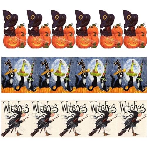 Custom black cat Pumpkin Witch Halloween pattern printed grostgrain ribbon DIY hairbow party decoration band 100 yards