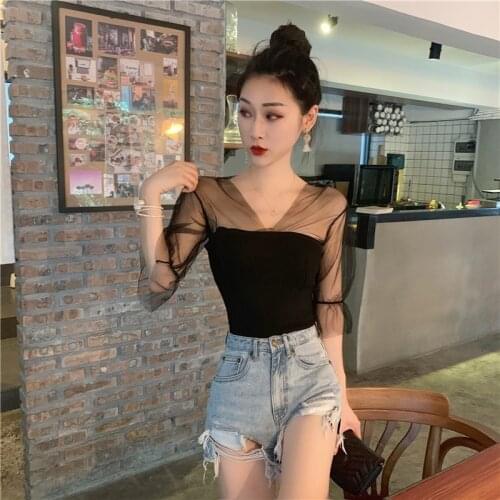 T Shirt Women Slim Knitting T Shirts Top Stitching Mesh Lantern Sleeve T-shirt Womens T-shirt