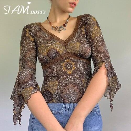 Grunge Aesthetic Lace Patchwork Printed T-shirt Vintage Slit Flare Long Sleeve Shirt Sexy Mesh Milkmaid Clothes Autumn Iamhotty